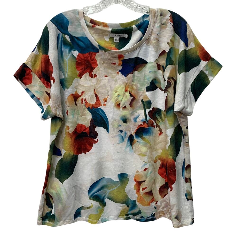 Chico's Size 1 Womens Medium White Orange Floral Drop Shoulder Tee Shirt Blouse